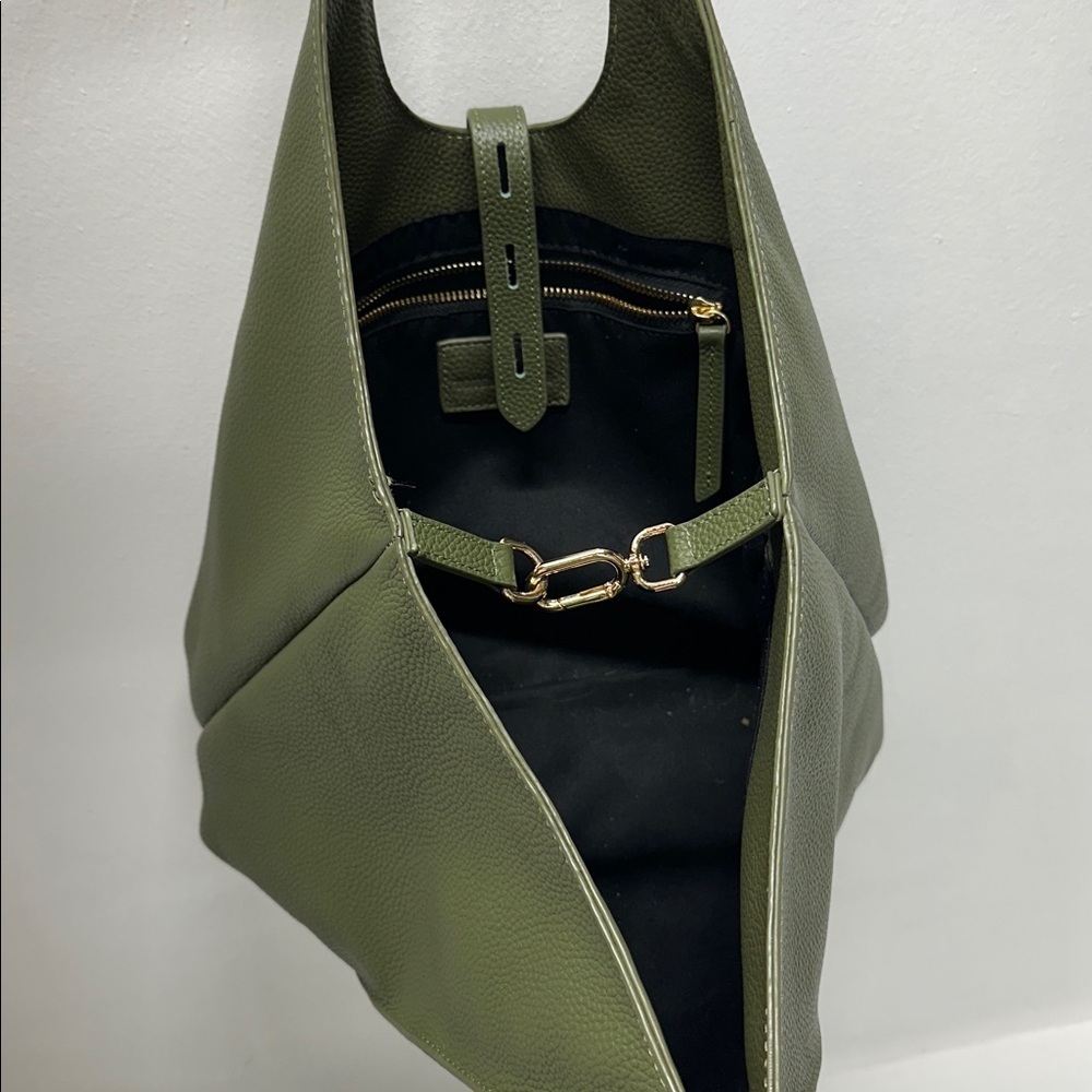 Tote Le Monde Milan Genuine Leather Tote Bag Shoulder Purse Olive Green Gold - Picture 10 of 13